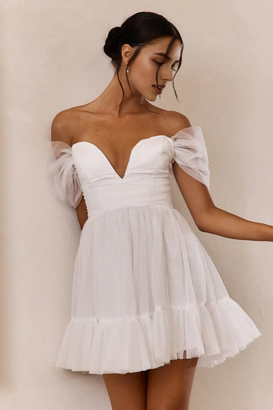 Elegant A Line Off-Shoulder V Neck Lace-Up Back Ruched White Cute Mini Dress Hot Sale Homecoming Dress