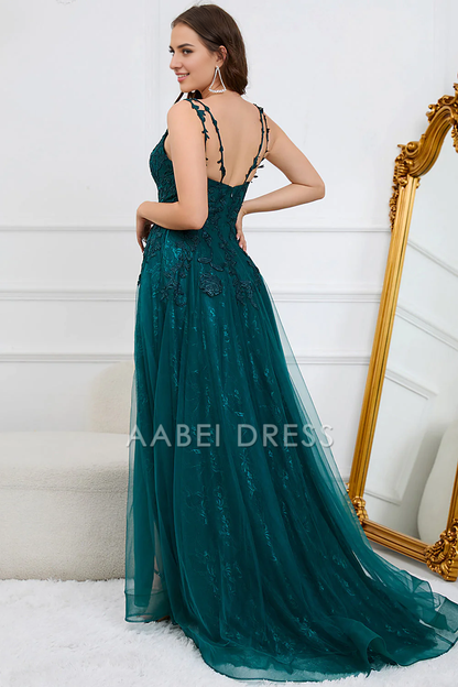 AABEI DRESS Hot Sale Prom Dress Elegant A Line Spaghetti Straps Lace Appliques Side Fork Long Party Dress