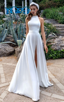 Evening Dress A-Line Halter Backless Side Fork Sweep Train Fashion Elegant Simple Formal Women's Dresses