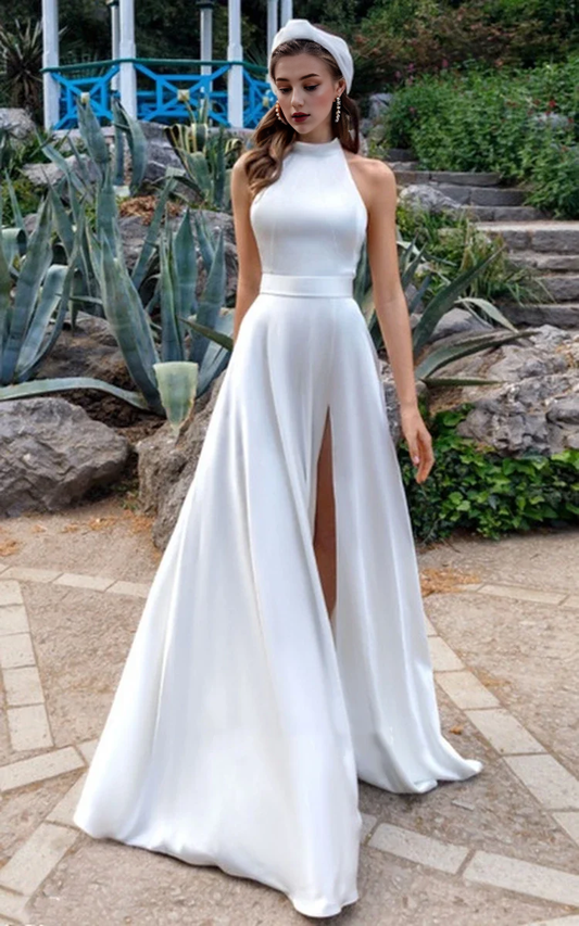 Evening Dress A-Line Halter Backless Side Fork Sweep Train Fashion Elegant Simple Formal Women's Dresses