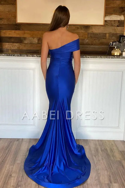 AABEI DRESS Prom Dress Mermaid One Shoulder Sleeveless Satin Side Fork Long Sweep Train Elegant Formal Dress