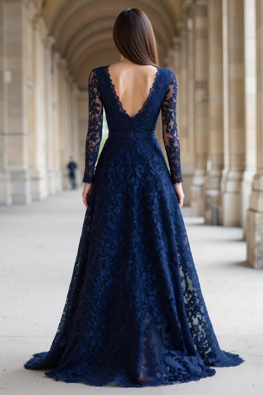 Elegant Navy A-Line Deep V-Neck Long Sleeves Backless Lace Fashion Long Wedding Guest Dress For Women Hot Sale Mother of the Bride Dress