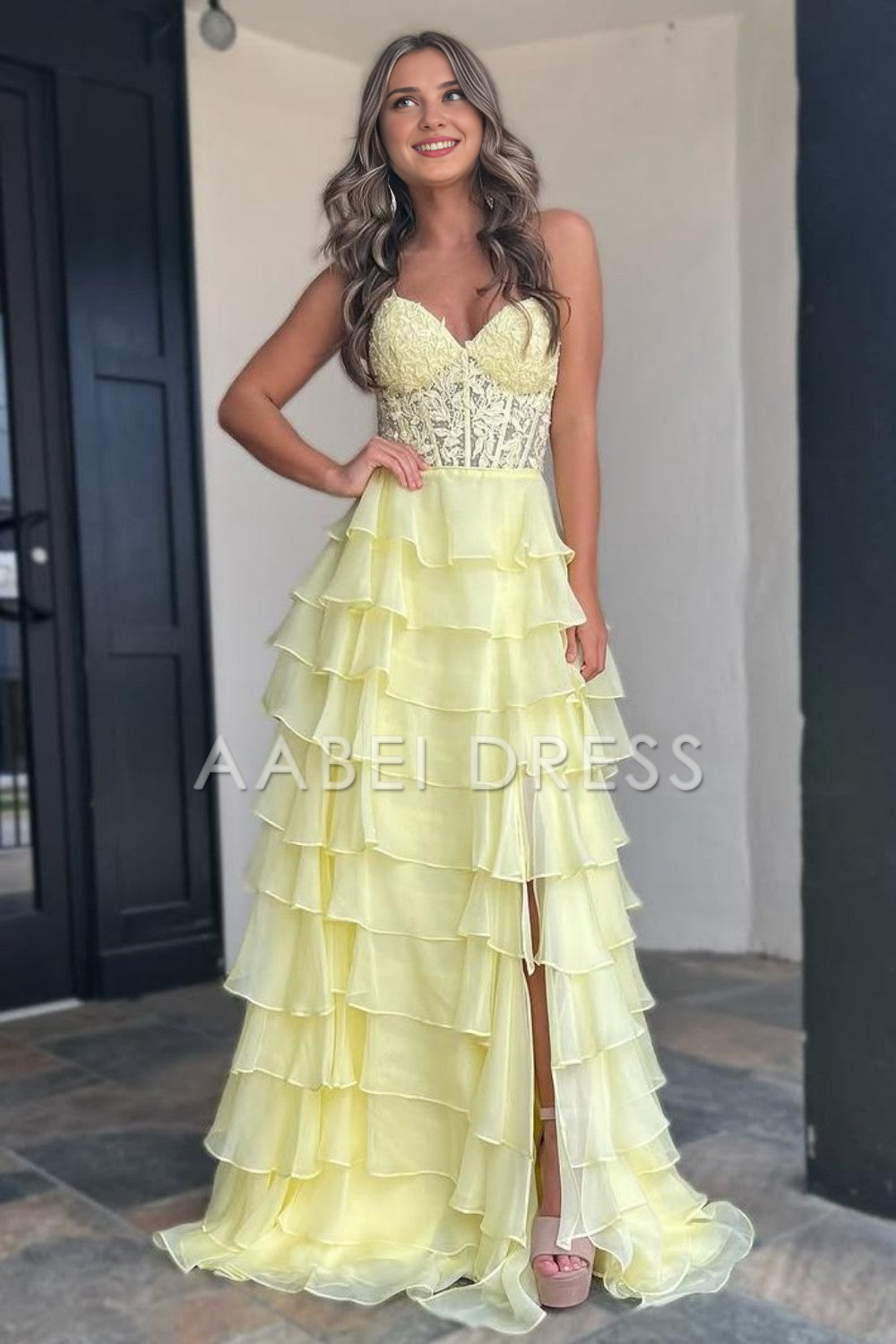 AABEI DRESS Prom Dress Elegant A-Line Sweetheart Lace And Chiffon Layering With Slit Long Exquisite Formal Dress