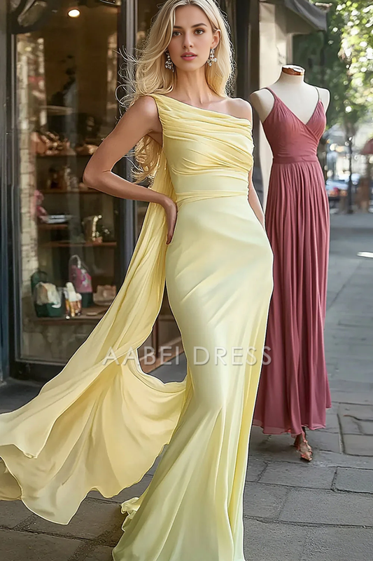 AABEI DRESS Hot Sale Prom Dress Mermaid Chiffon One Shoulder Pleated With Sash Fashion Long Formal Dress