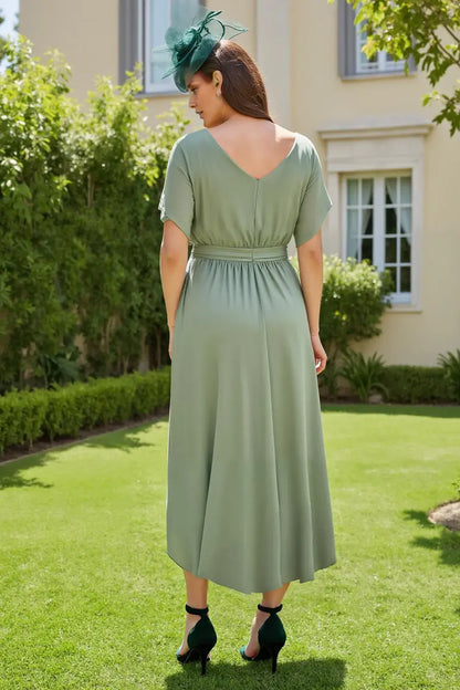 Eucalyptus Sheath Boat Neck with Short Sleeves Waist Cincher V Back High Low Hem Elegant Wedding Guest Dress For Women Hot Sale Mother of the Bride Dress