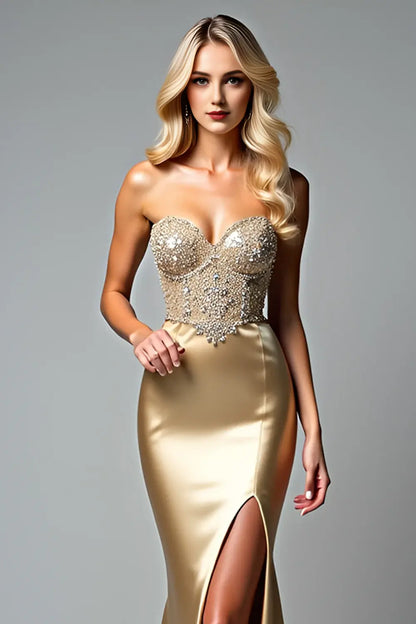 Beaded Golden Sheath Mermaid Sweetheart Neckline Strapless with Slit Long Formal Dress Gorgeous Evening Dresses