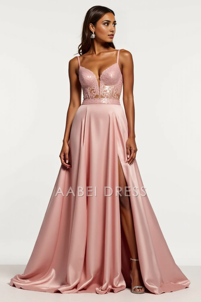 AABEI DRESS Hot Sale Prom Dress Charming A Line V-Neck Spaghetti Strap Corset Backless With Slit Long Formal Dress
