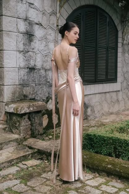 Exquisite Champagne Satin Mermaid Spaghetti Straps Cowl Neck Sleeveless Pleated With Ruffles And Lace Backless Long Affordable Prom Dress
