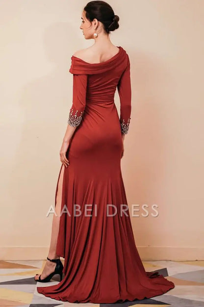 AABEI DRESS High Quality Mother of The Bride Dress Off-the-Shoulder Pleated Mermaid Dress Long sleeves Rhinestone Cuffs Side Fork Dress Formal Dress
