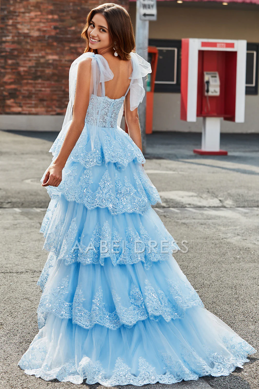 AABEI DRESS Hot Sale Prom Dress Fashion Tiered Tulle Sweetheart Bow Tie Straps Sequin With Appliques Formal Dress