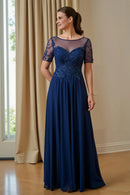 Wedding Guest Dress Elegant Navy Chiffon A Line Illusion Boat Neck Short Sleeves Lace Applique Ruched Hem Hot Sale Long Mother of the Bride Dress
