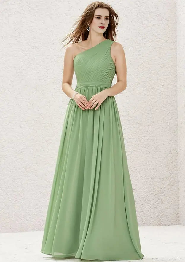 Elegant Mint Green Chiffon A-line One-Shoulder Sleeveless With Pleated Affordable Floor-Length Bridesmaid Dress