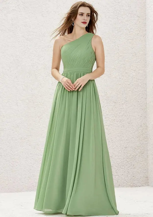 Elegant Mint Green Chiffon A-line One-Shoulder Sleeveless With Pleated Affordable Floor-Length Bridesmaid Dress
