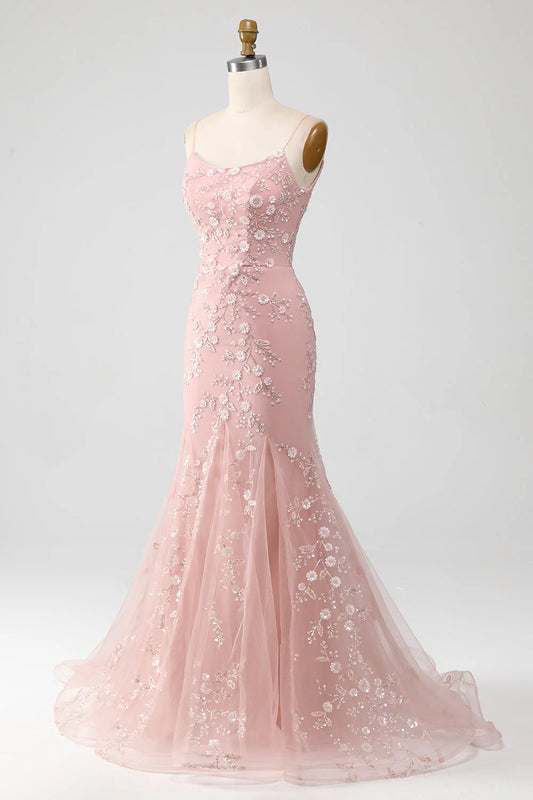 Exquisite Party Dress Blush Mermiad Spaghetti Straps with Appliques Backless Long Hot Sale Prom Dresses