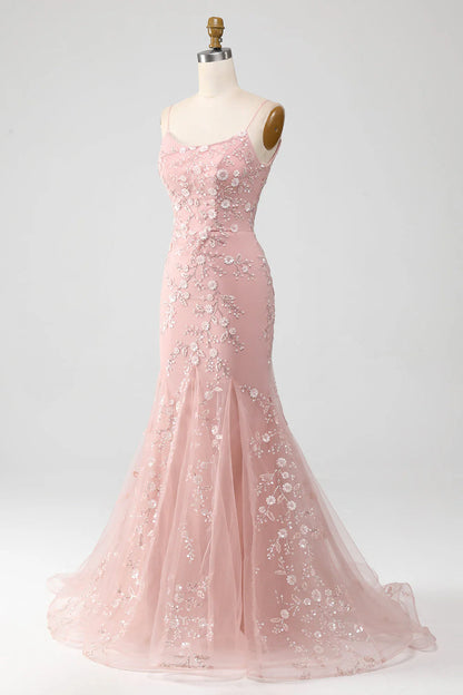 Exquisite Party Dress Blush Mermiad Spaghetti Straps with Appliques Backless Long Hot Sale Prom Dresses