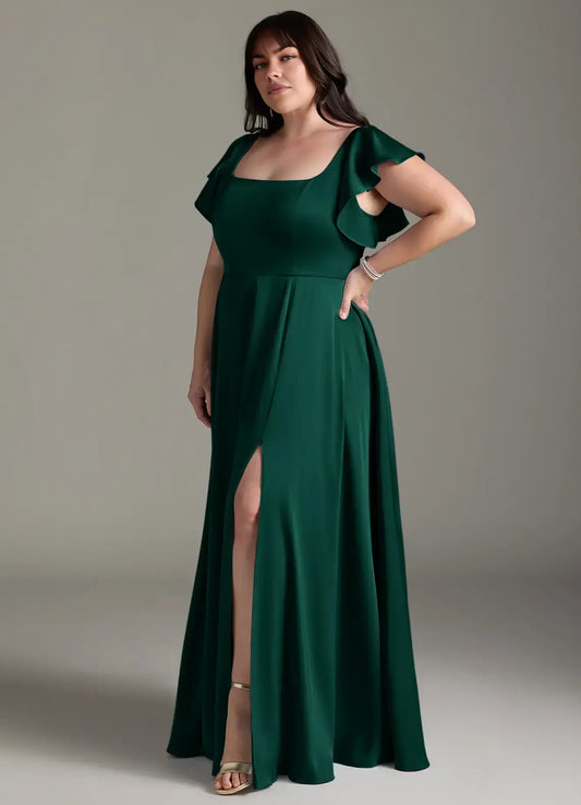 Wedding Guests Dresses Emerald A-Line Square Neck Ruffle Flutter Sleeve Side Fork Scoop Back Classic Plus Size Formal Dress Discount Hot Sale Prom Dress