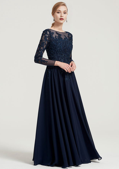 Retro Elegant Wedding Guest Dresses Navy Blue Chiffon A-line Boat Neck 3/4 Long Sleeve With Beading Appliqued Ruched Floor-Length Bargain Mother of the Bride Dress