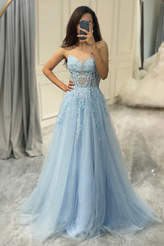 AABEI DRESS Prom Dress A Line Spaghetti Straps Tulle Long Appliques Fashion Charming Dress