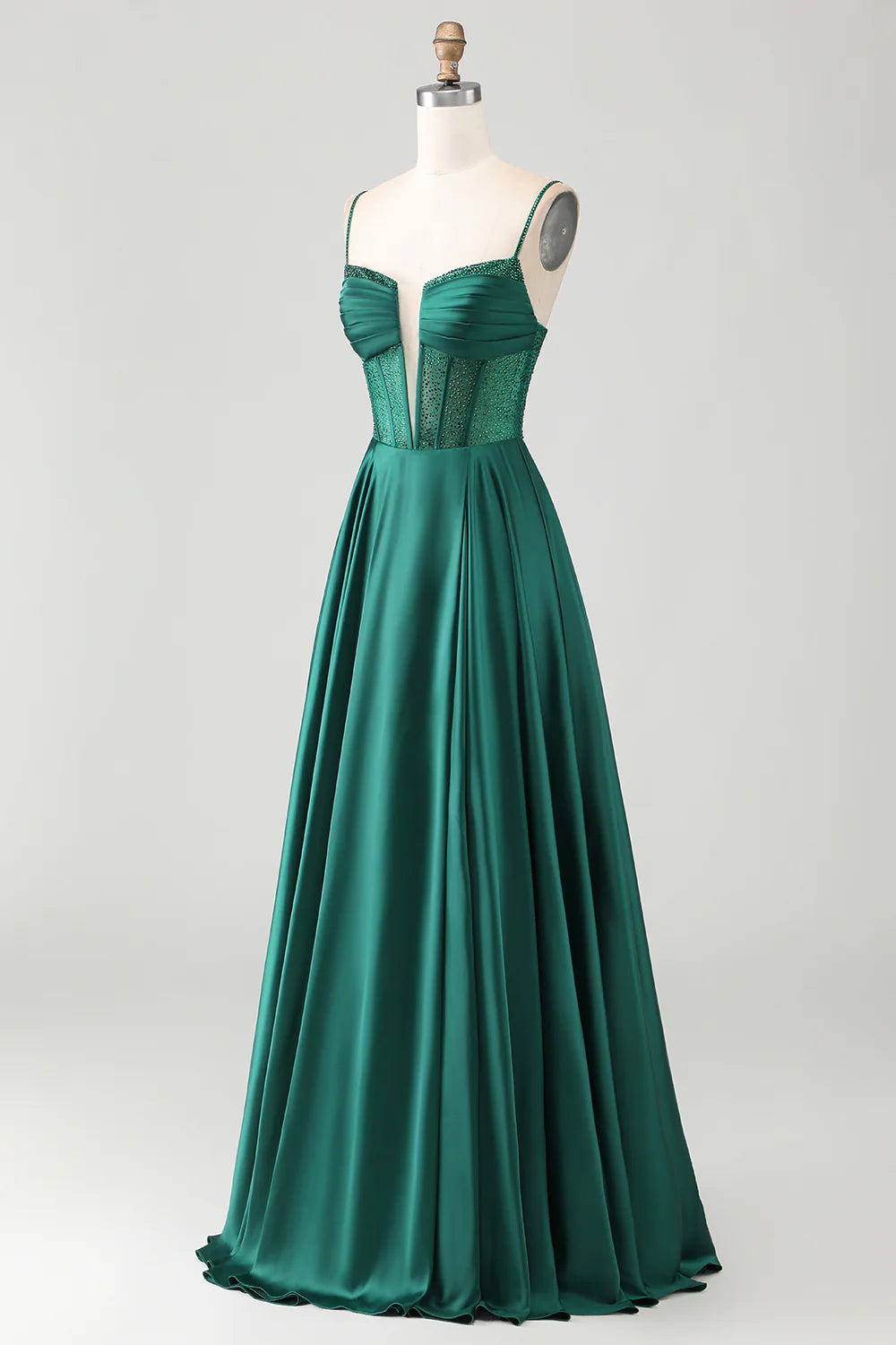 Fashion Prom Dress Sparkly Dark Green A Line Spaghetti Strap Deep V Neck with Rhinestones Sleeveless Ruched Backless Bargain Long Wedding Guest Dress