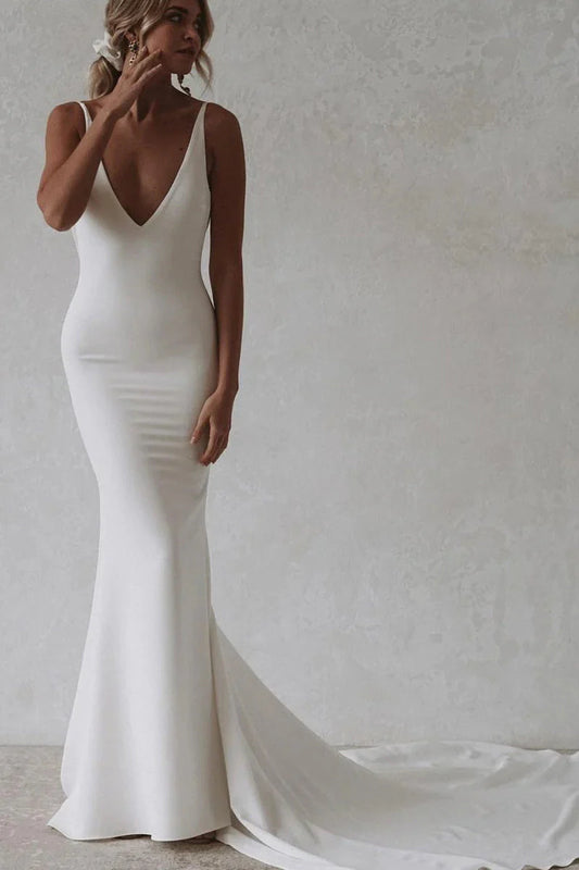 Wedding Dresses Elegant Mermaid V-Neck Satin Long