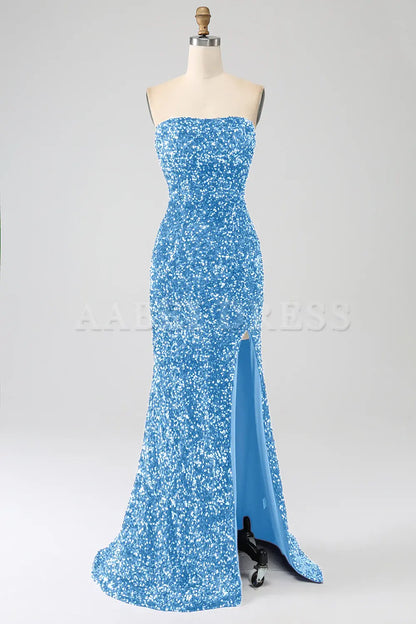 Prom Dress Mermaid Strapless Sequins Sparkle Long With Slit Gorgeous Charming Formal Wear Dresses
