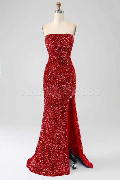 Prom Dress Mermaid Strapless Sequins Sparkle Long With Slit Gorgeous Charming Formal Wear Dresses