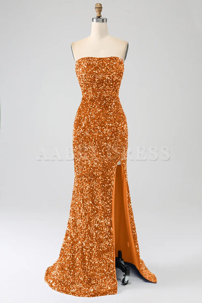Prom Dress Mermaid Strapless Sequins Sparkle Long With Slit Gorgeous Charming Formal Wear Dresses