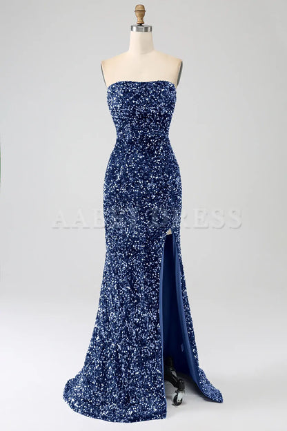 Prom Dress Mermaid Strapless Sequins Sparkle Long With Slit Gorgeous Charming Formal Wear Dresses