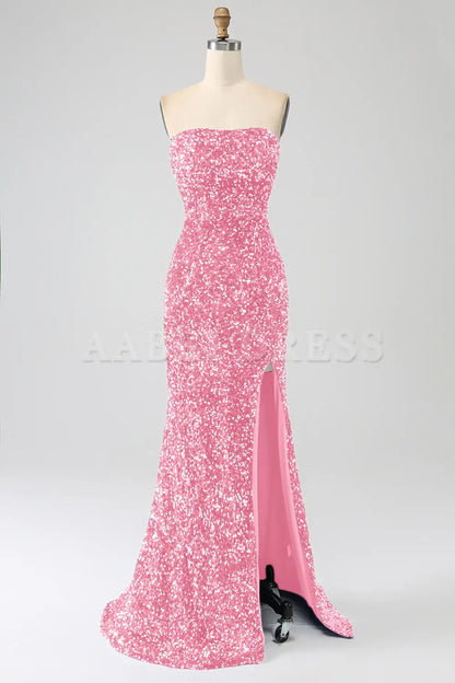 Prom Dress Mermaid Strapless Sequins Sparkle Long With Slit Gorgeous Charming Formal Wear Dresses
