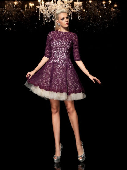 A-Line/Princess Sheer Neck Lace 1/2 Sleeves Short Lace Cocktail Dresses