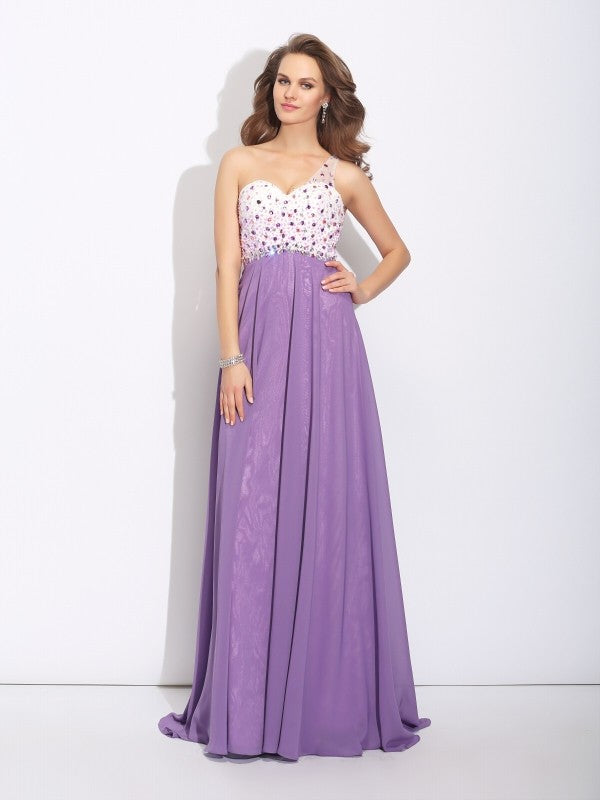A-Line/Princess One-Shoulder Crystal Sleeveless Long Chiffon Dresses