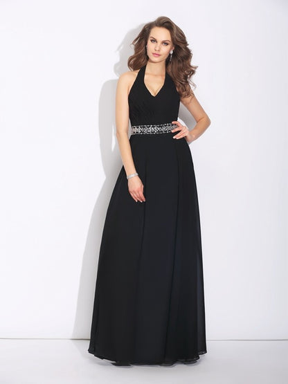 A-Line/Princess Halter Beading Sleeveless Long Chiffon Bridesmaid Dresses
