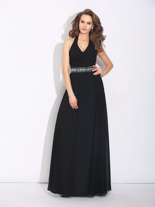 A-Line/Princess Halter Beading Sleeveless Long Chiffon Bridesmaid Dresses