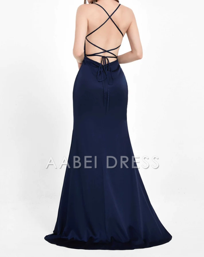 AABEI DRESS Charming Sheath Cowl neck Spaghetti Straps Backless Lace up Side Slit Dress Sweep Train Simple Evening Dress