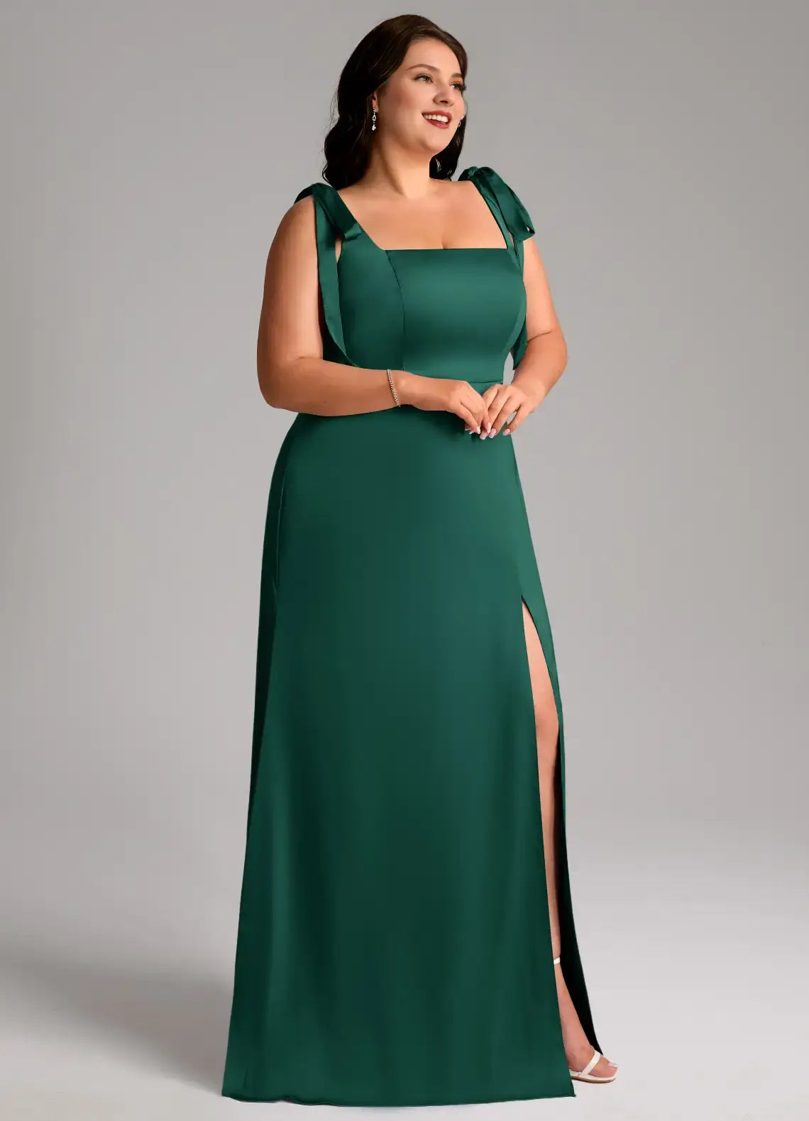 Wedding Guests Dresses Emerald A-Line Square Neck Bow Strap Sleeveless Side Fork Backless Floor-Length Fashion Plus Size Formal Dress Discount Hot Sale Prom Dress