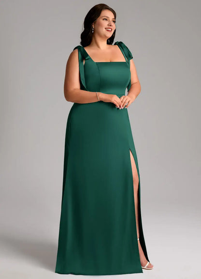 Wedding Guests Dresses Emerald A-Line Square Neck Bow Strap Sleeveless Side Fork Backless Floor-Length Fashion Plus Size Formal Dress Discount Hot Sale Prom Dress