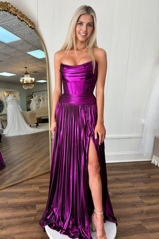 AABEI DRESS Hot Sale Prom Dress A-Line Strapless Long Pleated Metallic with Slit Fashion Formal Dress