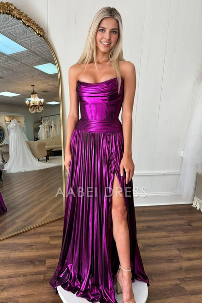 AABEI DRESS Hot Sale Prom Dress A-Line Strapless Long Pleated Metallic with Slit Fashion Formal Dress