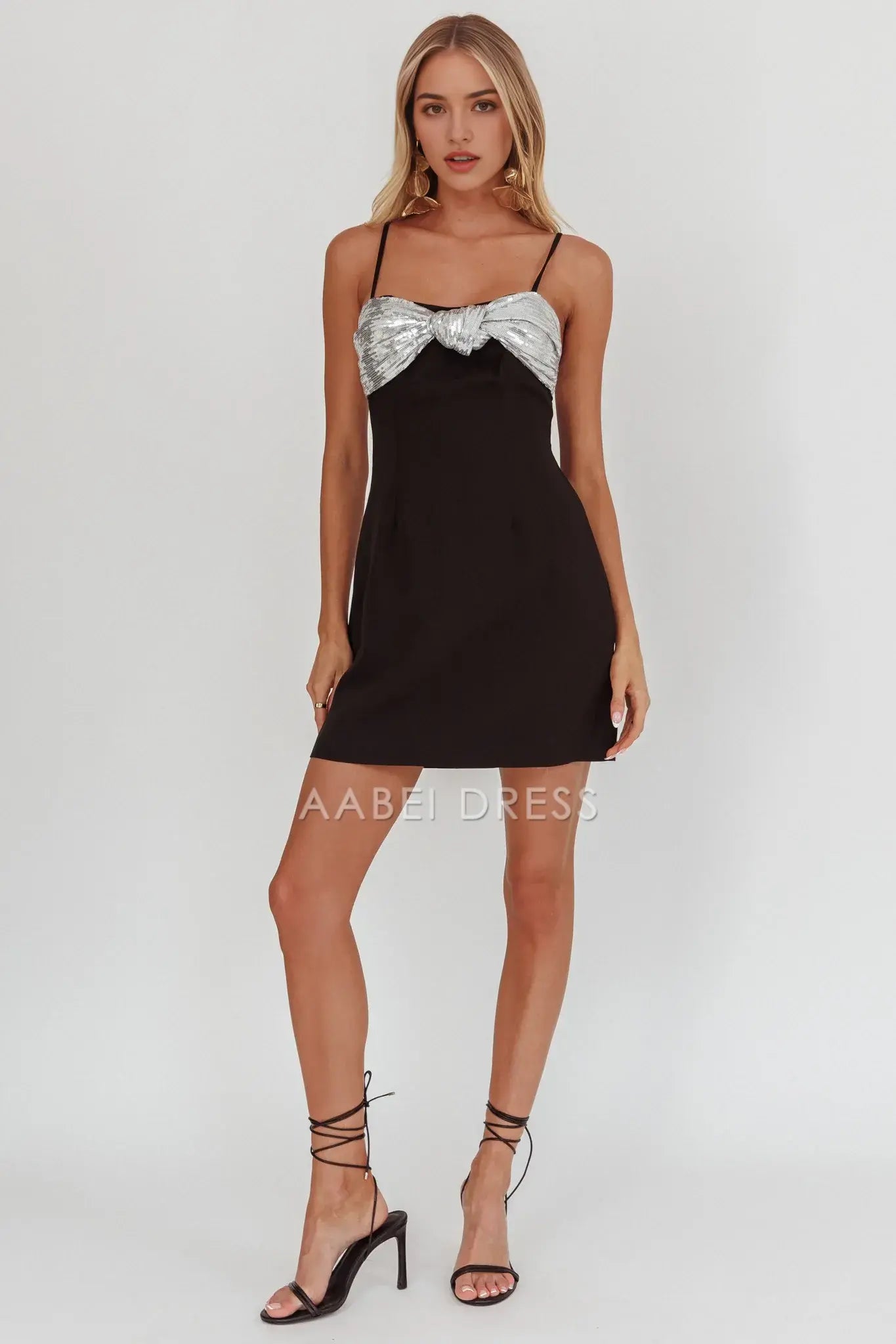 Sheath Black/Silver Sequin Twist Spaghetti Strap Sweet Cute Mini Dress Hot Sale Homecoming Dress