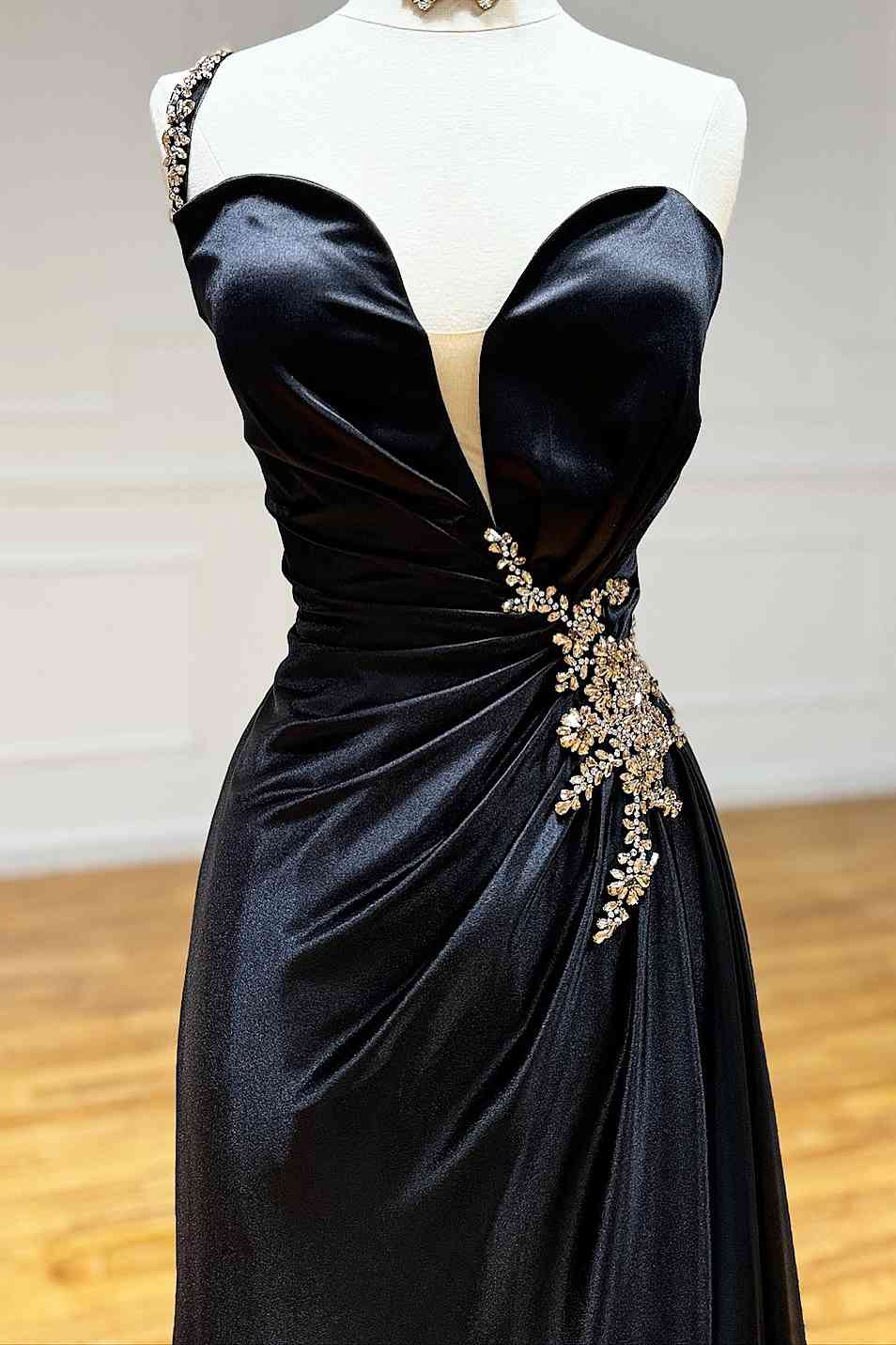 Black A Line Rhinestone One Shoulder Sweetheart Neckline Pleated Waist Elegant Wedding Guest Dress Long Hot Sale Prom Dresses