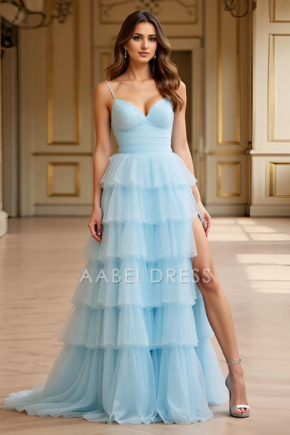 AABEI DRESS Hot Sale Prom Dress Romantic A Line Spaghetti Straps Sweetheart Backless Ruched Tiered Long With Slit Formal Dress