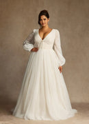 Elegant A Line Deep V Neck Long Sleeves Lace Tulle V Back Retro Plus Size Hot Sale Wedding Dress