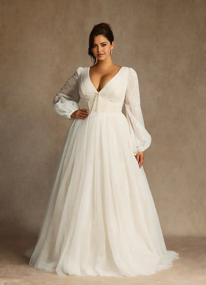 Elegant A Line Deep V Neck Long Sleeves Lace Tulle V Back Retro Plus Size Hot Sale Wedding Dress