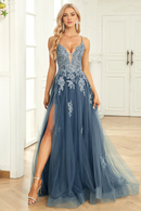 AABEI DRESS Hot Sale Prom Dress Charming A Line V Neck Spaghetti Straps Appliques Backless Side Fork Long Party Dress