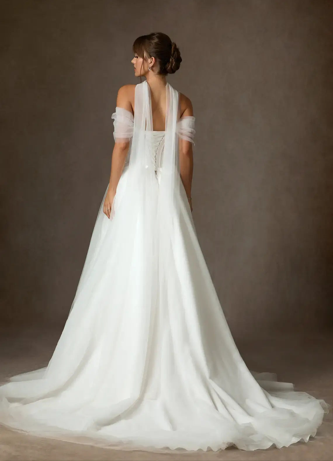 Fashion White Tulle A Line Off Shoulder Scoop Neck Sleeveless With Scarf Ruched Hem Hot Sale Wedding Dress