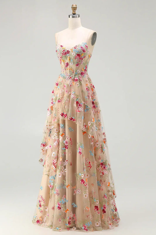 Luxury Prom Dress Sparkly Champagne A-Line Corset Spaghetti Strap Sweetheart Neckline Sleeveless Beading Flowers Tiers Ruffles Side Fork Backless Bargain Long Wedding Guest Dress