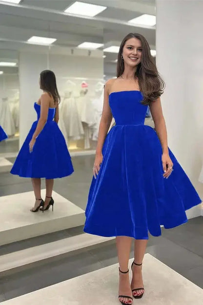 Elegant Formal Women's Dresses Simple Black A Lin Strapless Sleeveless Tea Length Ruched Hem Affordable Prom Dress