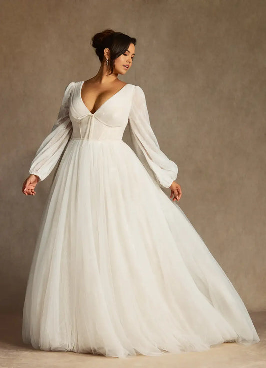 Elegant A Line Deep V Neck Long Sleeves Lace Tulle V Back Retro Plus Size Hot Sale Wedding Dress