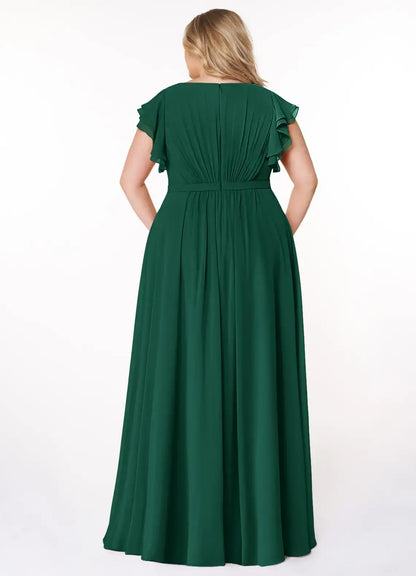 Wedding Guests Dresses Emerald A-Line Boat Neck Double-Layer Ruffled Flutter Sleeve Floor-Length Minimalist Plus Size Formal Dress Discount Hot Sale Prom Dress