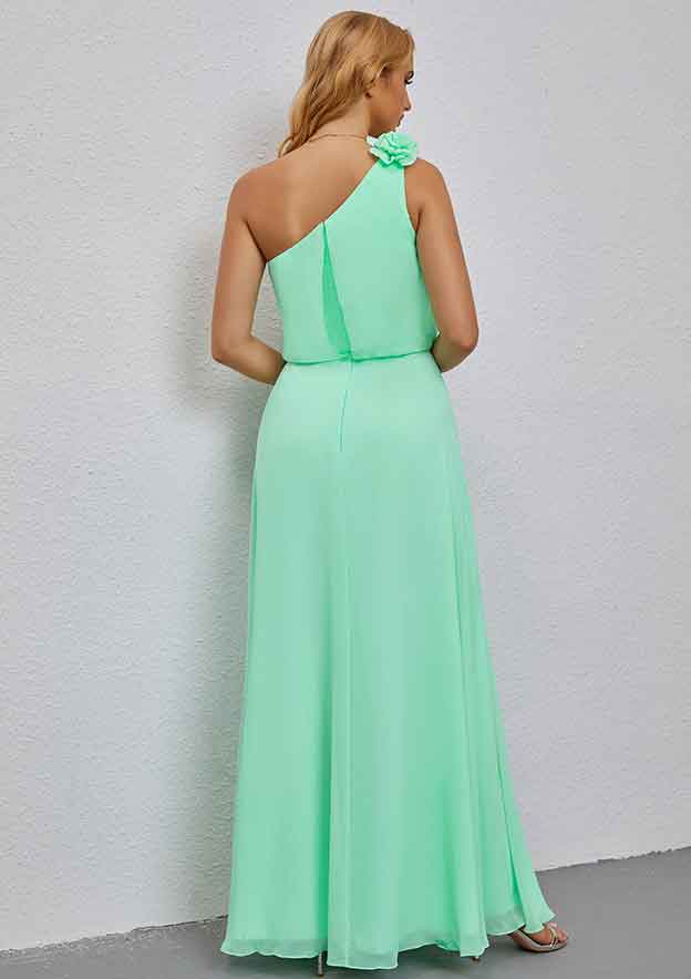Elegant Green Chiffon A-line One-Shoulder Shoulder 3D Flower Sleeveless With Ruffles Affordable Floor-Length Bridesmaid Dress